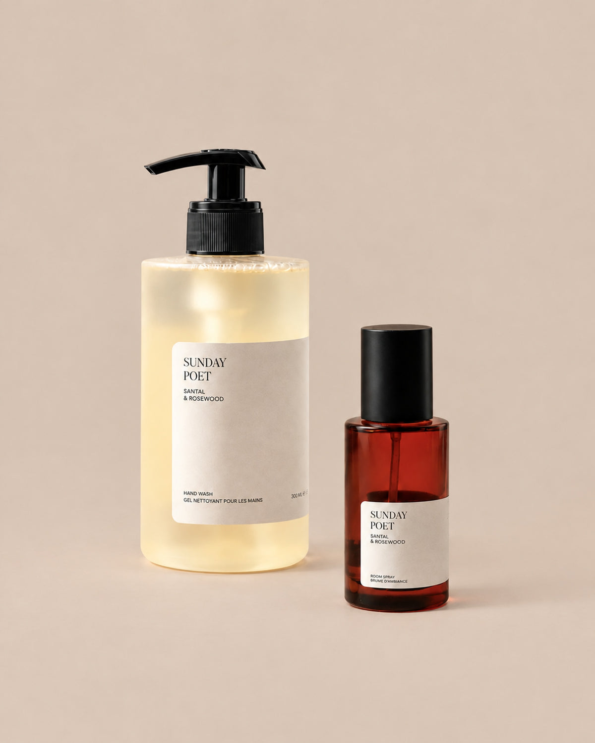 Sunday Poet hand wash and room spray duo on a plain beige background