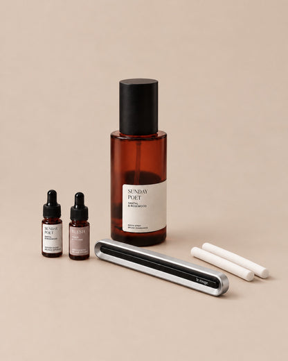 Home and Drive gift set with Sunday Poet room spray and complete LuxeDrive set on a plain beige background