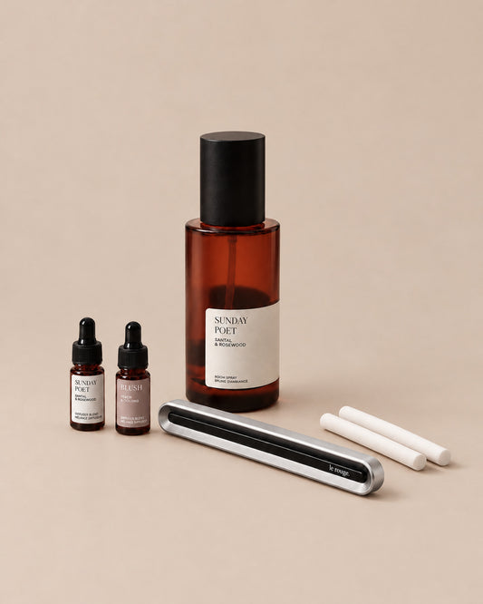Home and Drive gift set with Sunday Poet room spray and complete LuxeDrive set on a plain beige background
