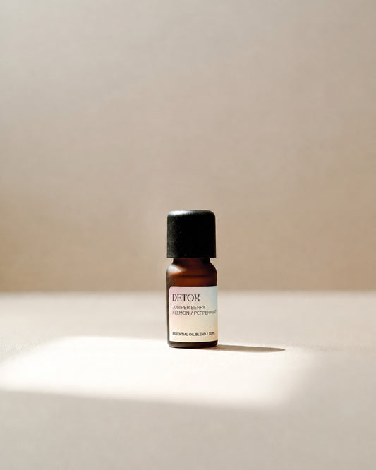 DETOX Essential Oil Blend 10ml with Juniper Berry, Lemon and Peppermint label in warm natural light.