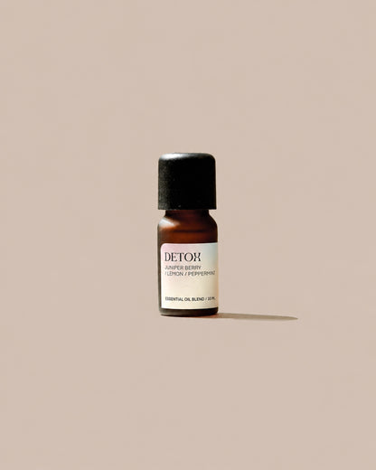 DETOX Essential Oil Blend 10ml with pale patterned label on a clean beige background.