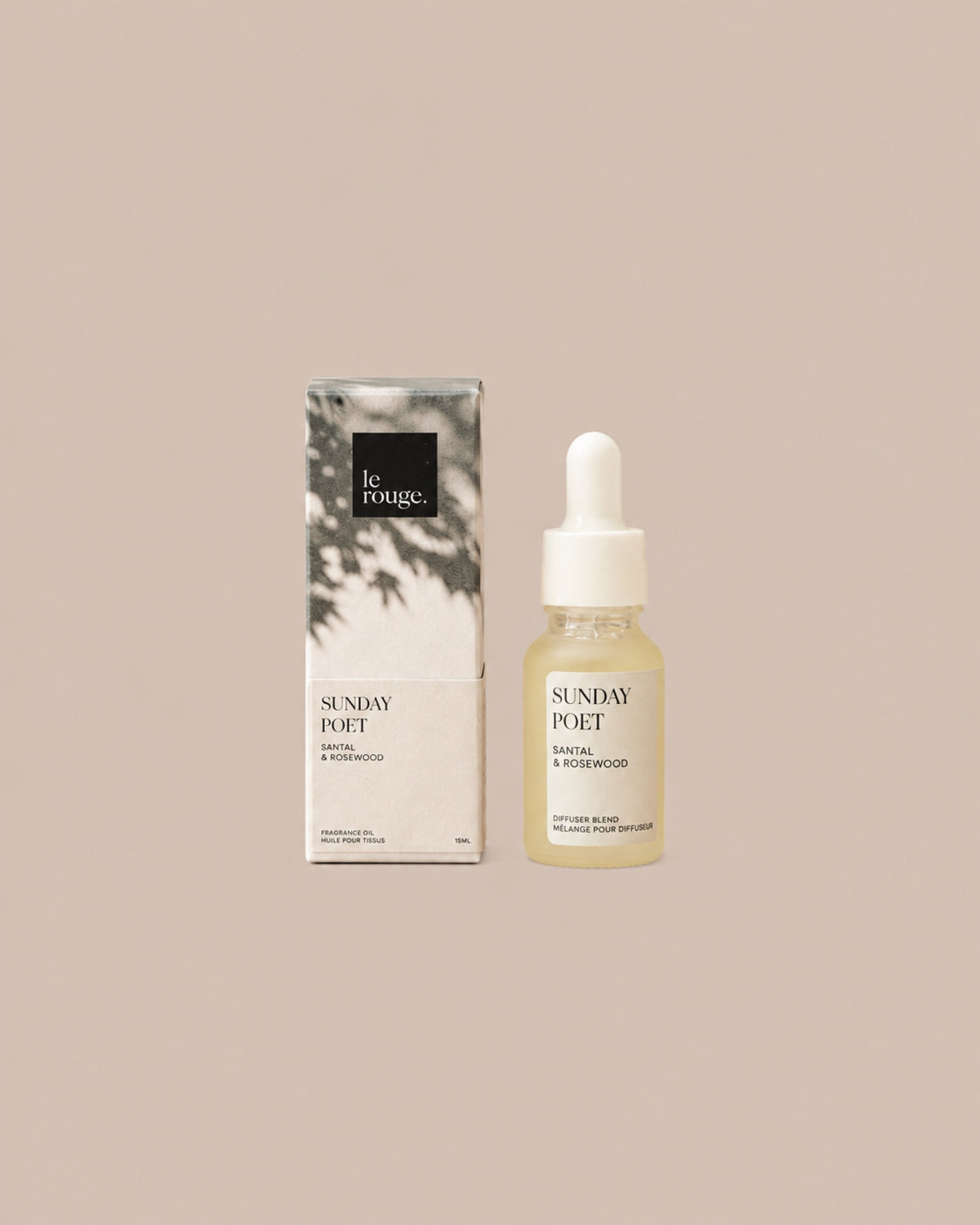 SUNDAY POET Diffuser Fragrance Oil 15ml bottle and matching carton on a clean beige background.